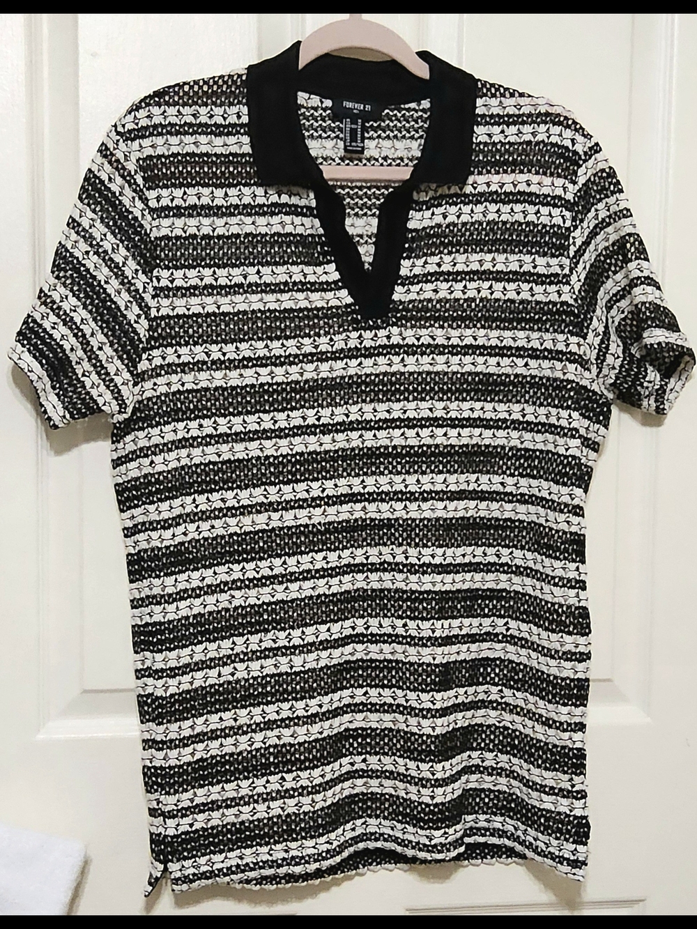 Forever 21 Men's Crochet Open Knit Striped Polo Shirt - Size M